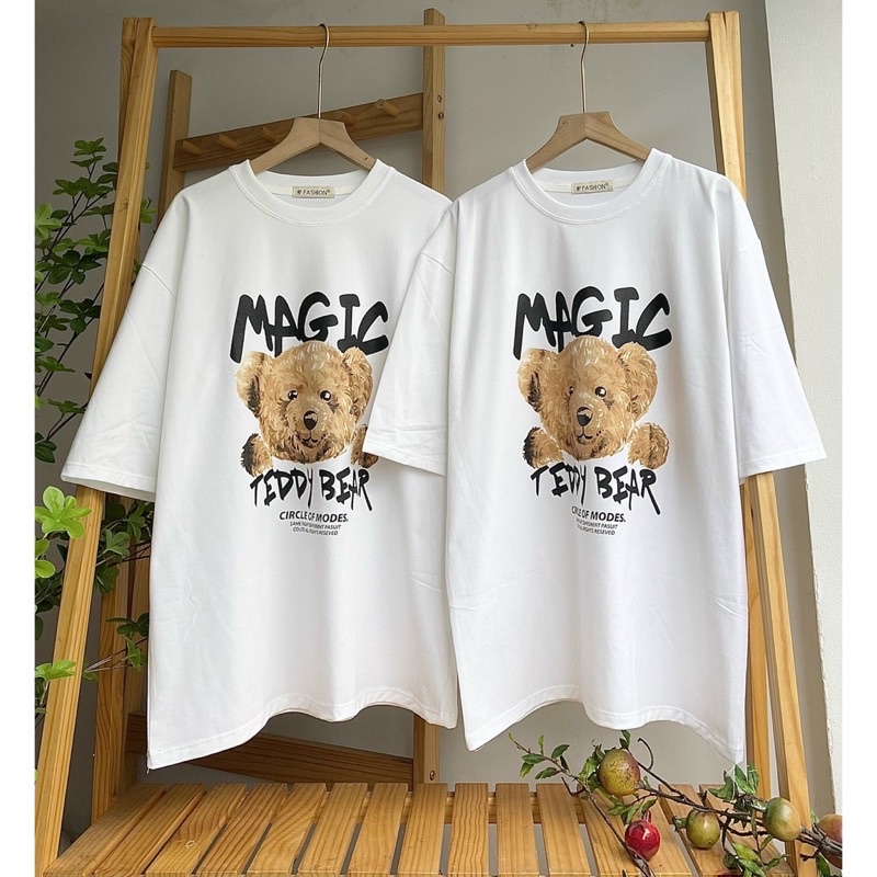 Áo thun unisex nam nữ tay lỡ GẤU MAGIC cotton form rộng, áo phông unisex tay lỡ basic oversize