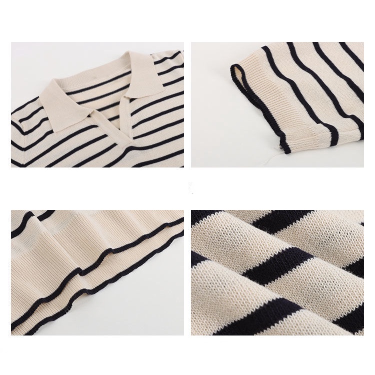 Áo polo Ngắn Tay Form Rộng Họa Tiết Sọc Ngang Phong Cách Retro Dành Cho Nữ