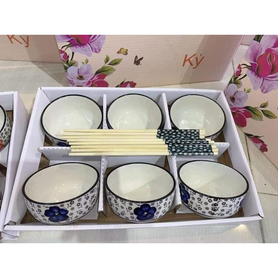 COMBO Bộ Bát 6 Chiếc Hoa Văn Giả Cổ Xuất Nhật Kèm Đũa Chất Gốm Sứ Cao Cấp