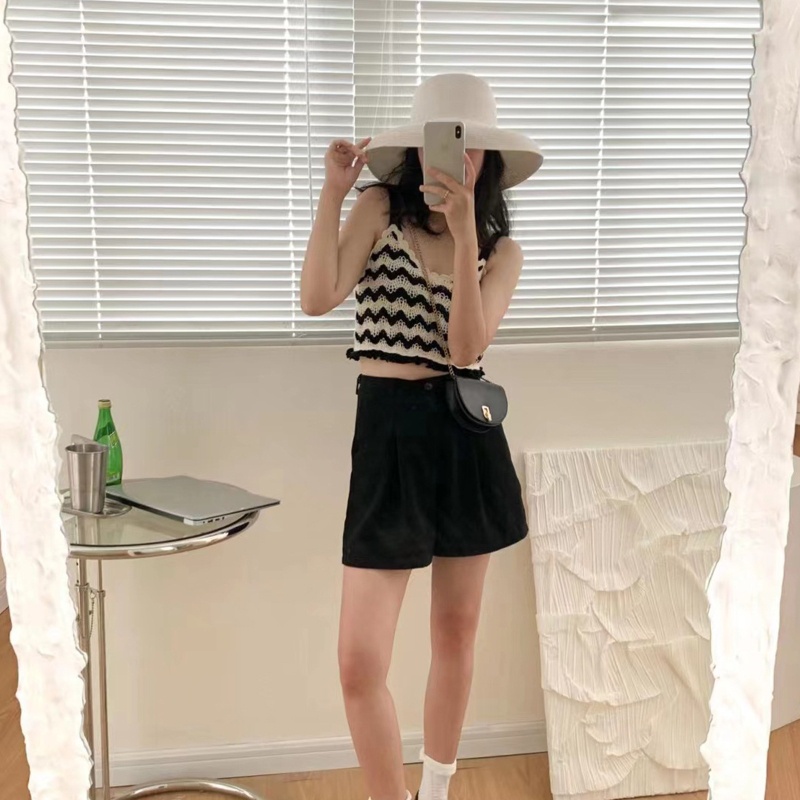 Áo Croptop Dệt Kim Không Tay Cổ Chữ V Ôm Dáng Họa Tiết Kẻ Sọc Phong Cách Pháp Thời Trang Mùa Hè Cho Nữ