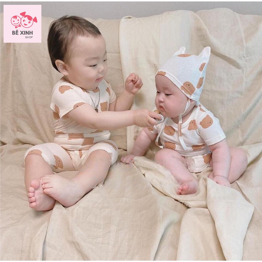 Bộ hàn quốc bé trai bé gái gấu nâu tay lỡ có nón chất cotton chuẩn hàn