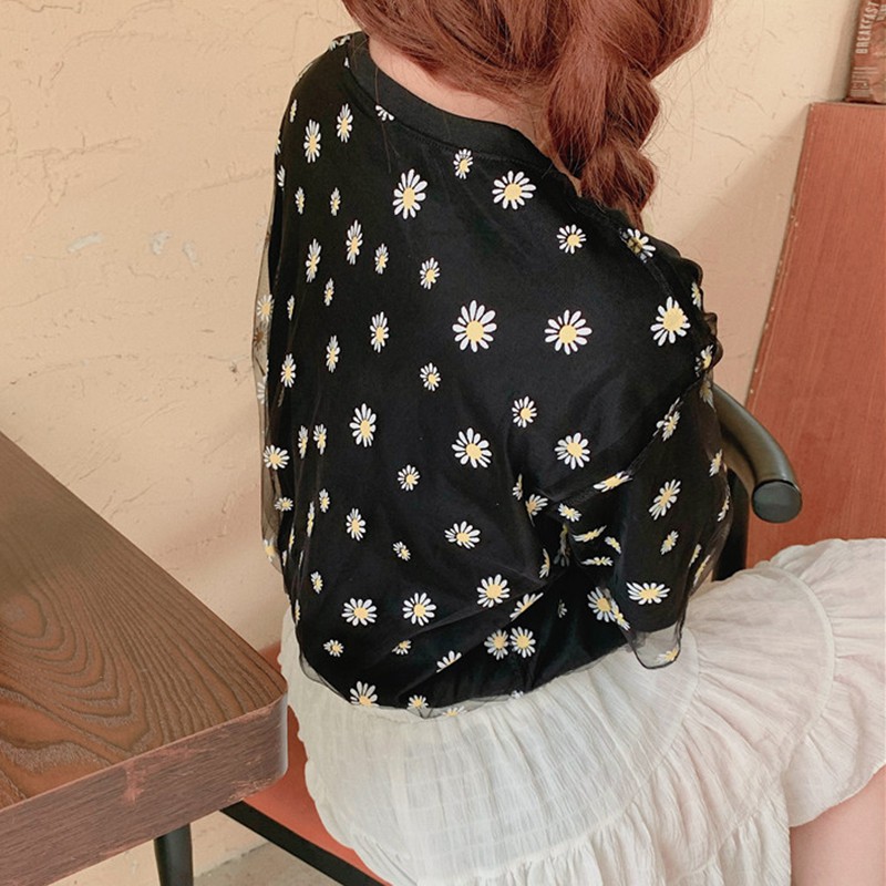 Summer Women Short Sleeve O-Neck Printed Mesh Tee Tops T Shirt Loose Daisy Tops | BigBuy360 - bigbuy360.vn