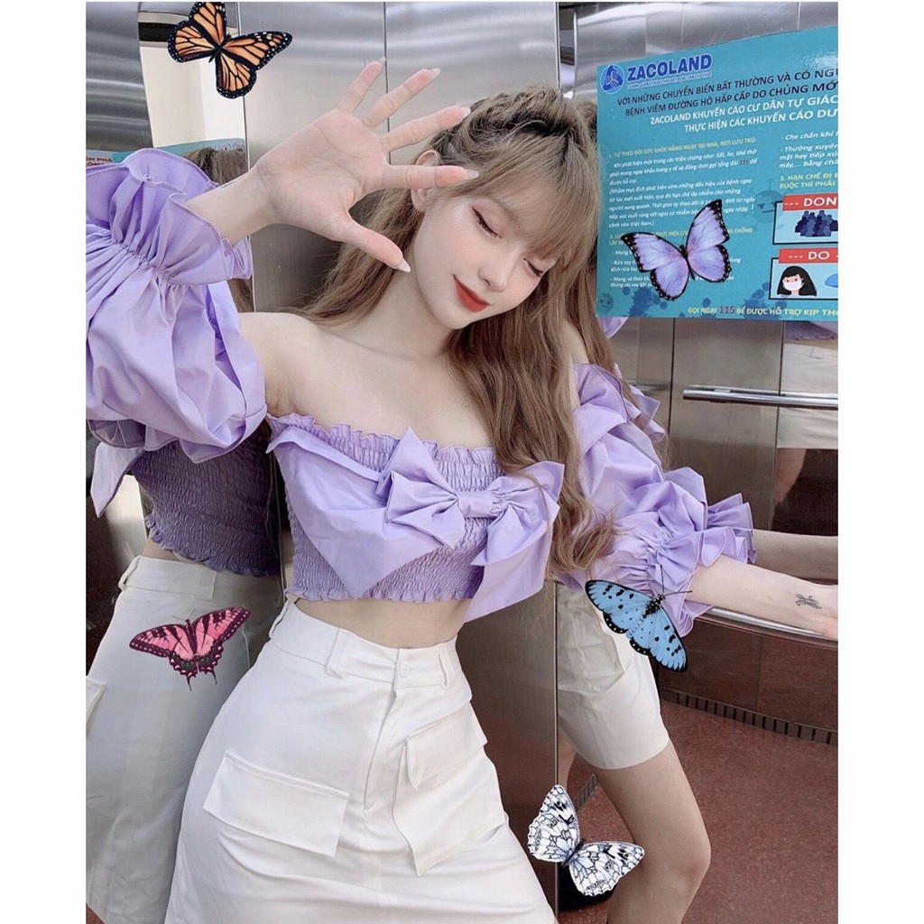 Áo kiểu trễ vai nhúm phối nơ to trước ngực cực xinh , chất kate mềm mịn