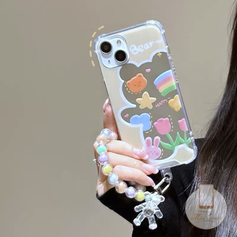 Ốp Điện Thoại Mềm Mặt Gương Có Dây Đeo Hình Gấu 3D Cho iPhone 7 8 14 Plus 11 12 13 14 Pro Max XR X XS Max
