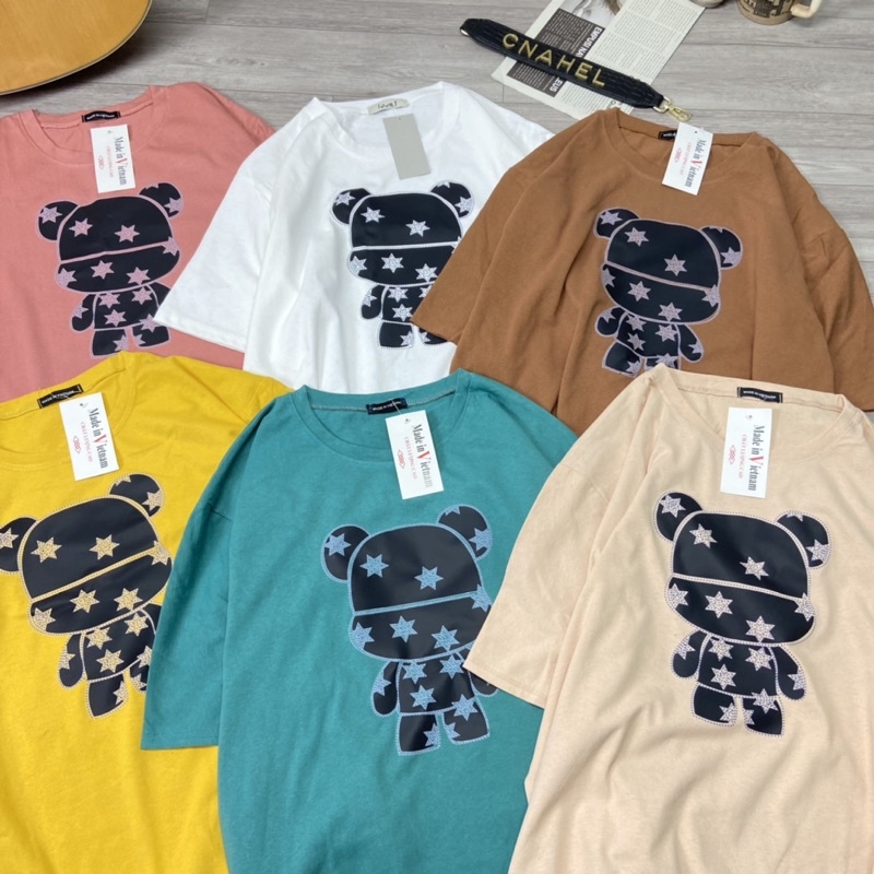 Áo phông cotton phom thụng tay lỡ hình người máy đen Áo thun nữ dáng rộng