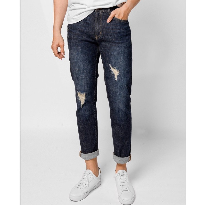 Quần jeans ROUTINE - Quần jean nam màu Xanh đậm rách form slim crop - 10S20DPA047 shop LASTORE