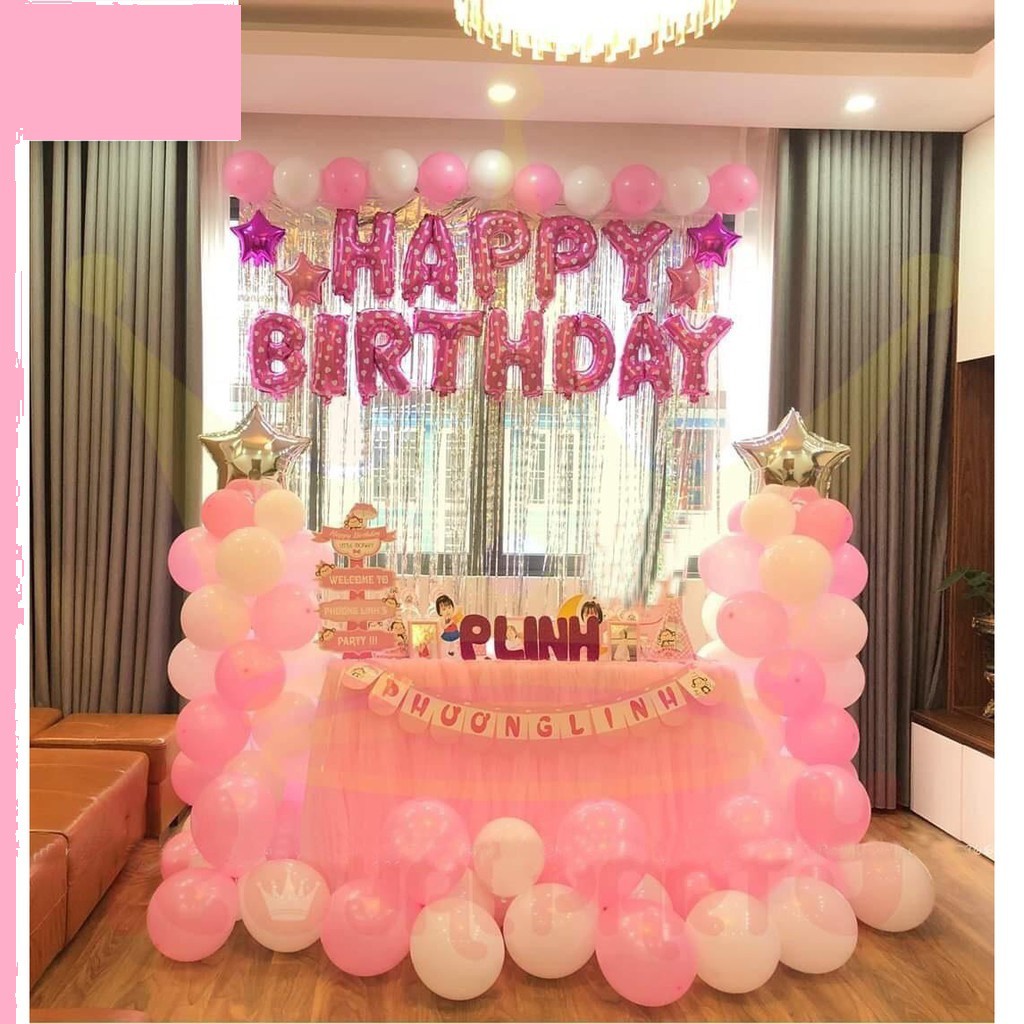 Combo Trang Trí Tiệc Sinh Nhật 2 Rèm Kim Tuyến, Bóng Chữ Happy Birthday và 50 bong bóng tròn+ bóng sao +bơm keo