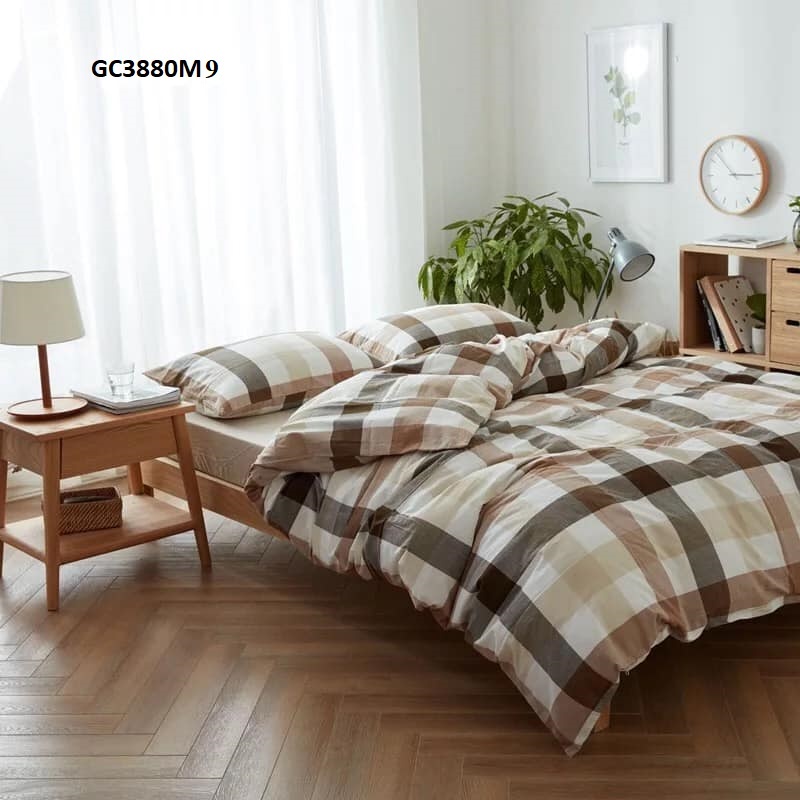 GC3880-Bộ chăn ga gối in kẻ caro chất cotton cao cấp phong cách Nhật