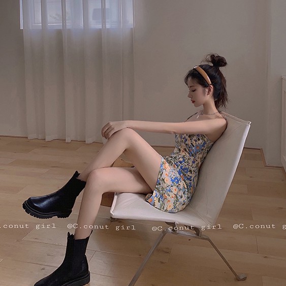 Đầm hai dây ôm eo lưng cao in hoa kiểu Pháp | BigBuy360 - bigbuy360.vn