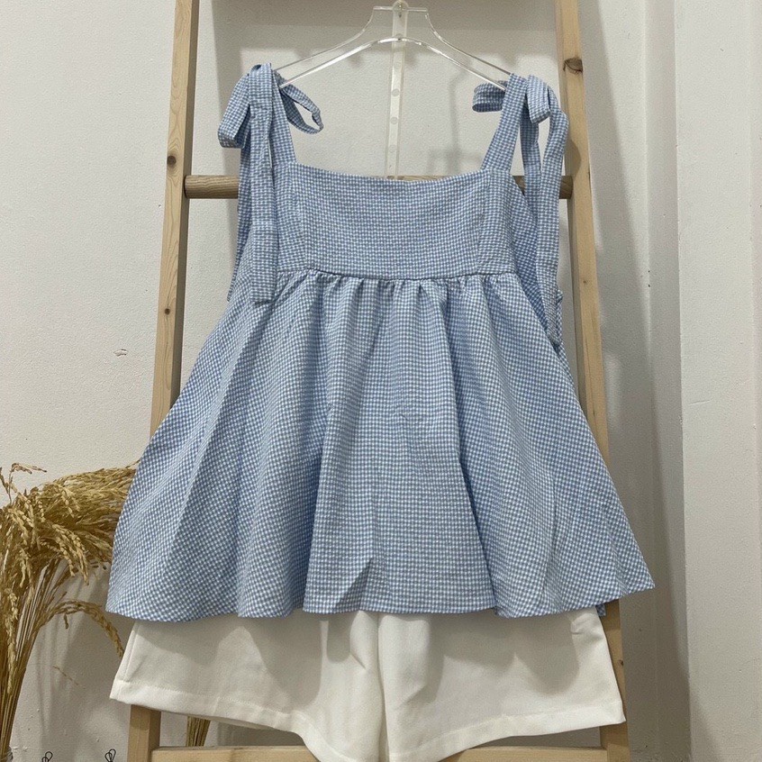 Sét 2 Bộ 2 Dây Nơ Vai Kẻ Chất Xốp Kèm Quần Short