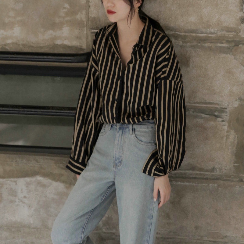 Áo sơ mi dài tay dáng rộng họa tiết kẻ sọc thời trang retro Hong Kong dành cho nữ