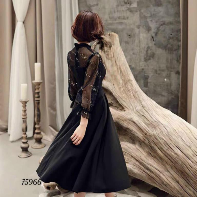 < size M, L, XL > Đầm nữ dáng xòe chất thun umi phối tay voan gắn sao kim tuyến.  mịn, co giãn tốt, không nhăn. | BigBuy360 - bigbuy360.vn