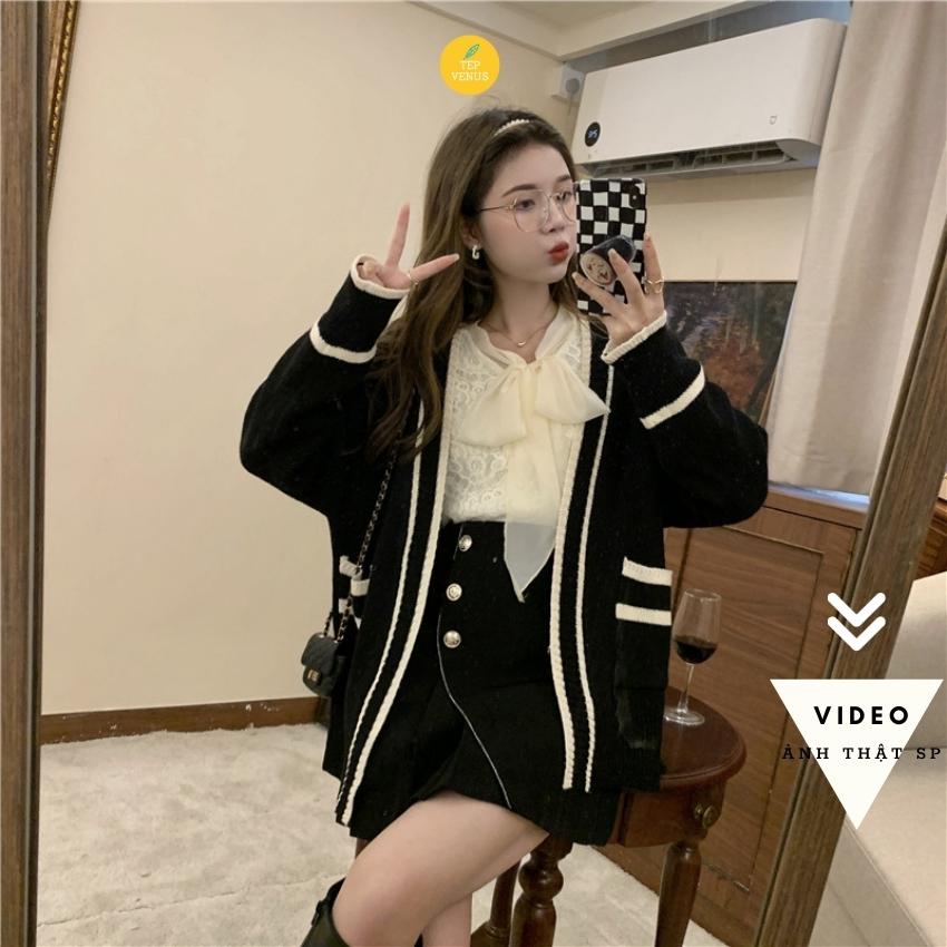 Áo Len Cardigan Nữ 2 Túi Trước Đen Trắng Phong Cách Hàn Quốc Tep Venus