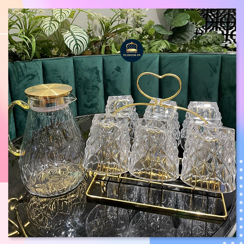 Set 6 Cốc Thuỷ Tinh Kim Cương Hongli + Bình 🌸 Sang Trọng Tinh Tế 🌸