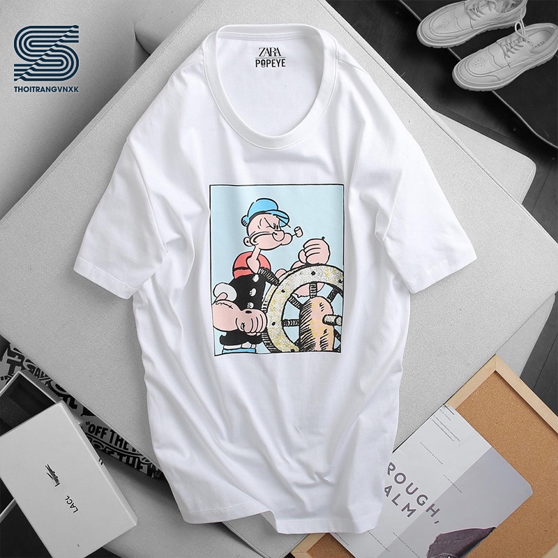 Áo thun nam nữ basic, áo phông unisex tay lỡ cổ tròn in hình popeye, năng động Sonvnxk - APZR201