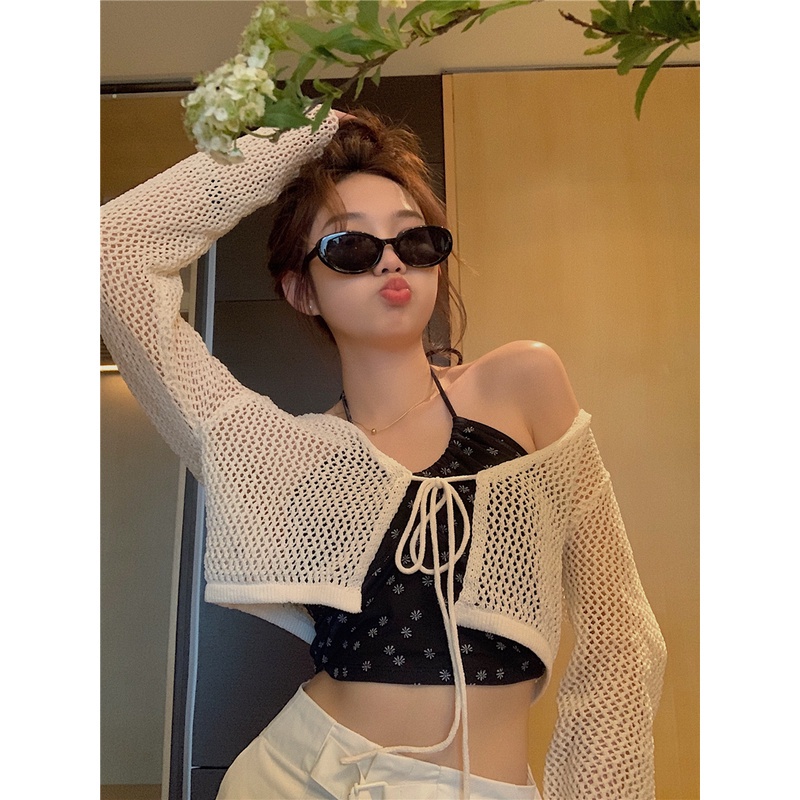 QADCOL Áo Cardigan Họa Tiết Hoa + Áo Khoác Cardigan