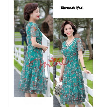 Váy đầm trung niên nữ cho mẹ Voan 2 lớp V74, Đầm cho người lớn tuổi mùa hè đẹp cao cấp sang trọng dự tiệc dạ hội Bigsize