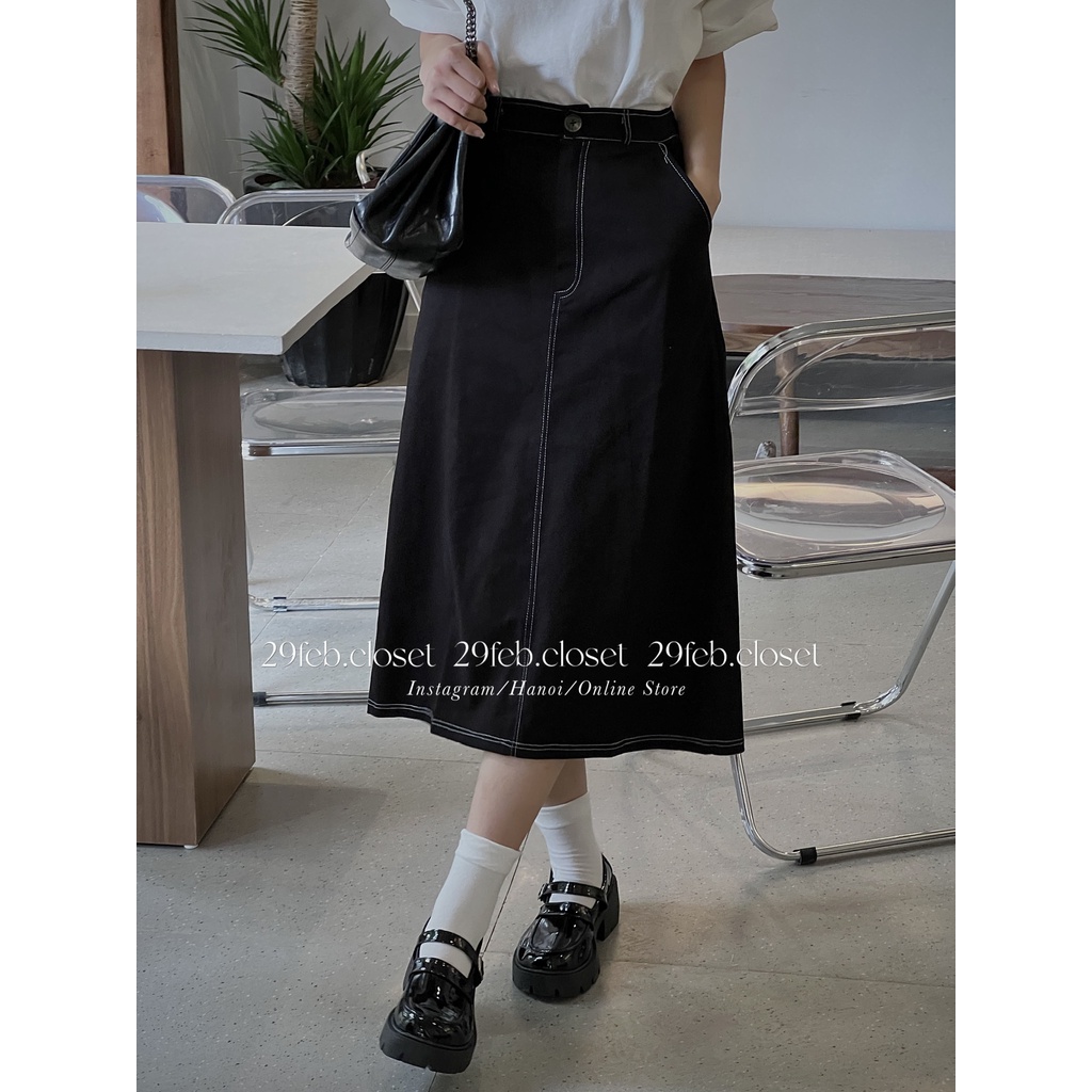 [Ảnh thật/Video] Chân váy kaki viền chỉ dáng dài - 29feb.closet - CV2