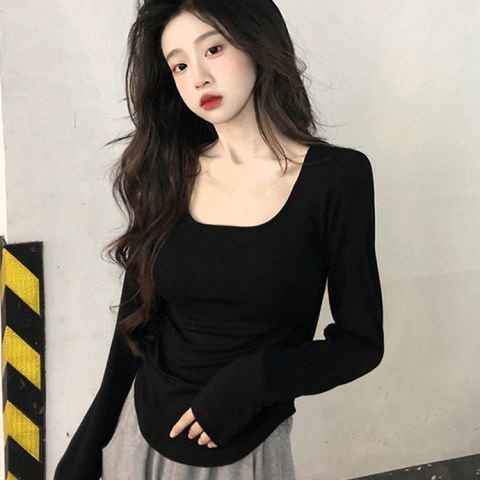 Áo Thun Thể Thao Tay Dài Cổ Vuông Ôm Eo Chất Liệu Cotton Thoáng Khí Thời Trang Mùa Hè 0928