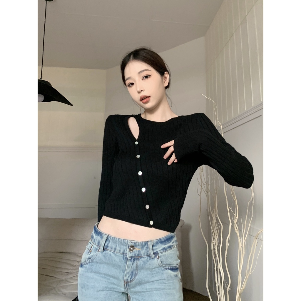 Áo cardigan Dệt Kim Mỏng Màu Trơn Cổ Tròn / Váy Đen Lưng Cao Thời Trang Hàn Quốc