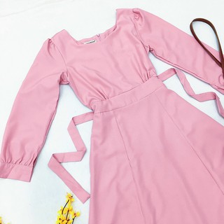Đầm váy freesize hồng cổ V thắt nơ