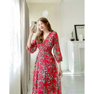 (SALE XẢ HÀNG) ĐẦM MIDI HOA ĐỎ ĐẮP CHÉO - KÈM HÌNH THẬT