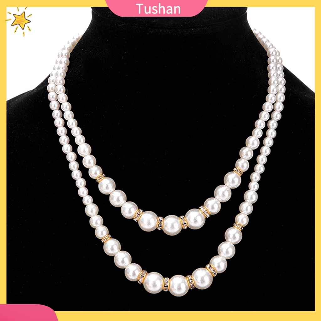 Vòng cổ thời trang kiểu chuỗi hạt ngọc trai giá đính đá trang sức với thiết kế 2 lớp cá tính