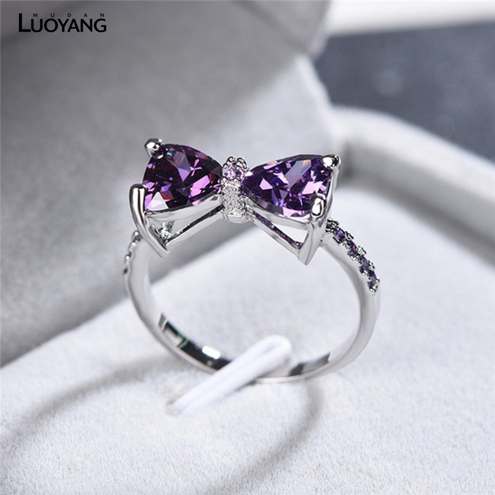 Nhẫn cầu hôn mặt hình nơ đính đá Amethyst cao cấp