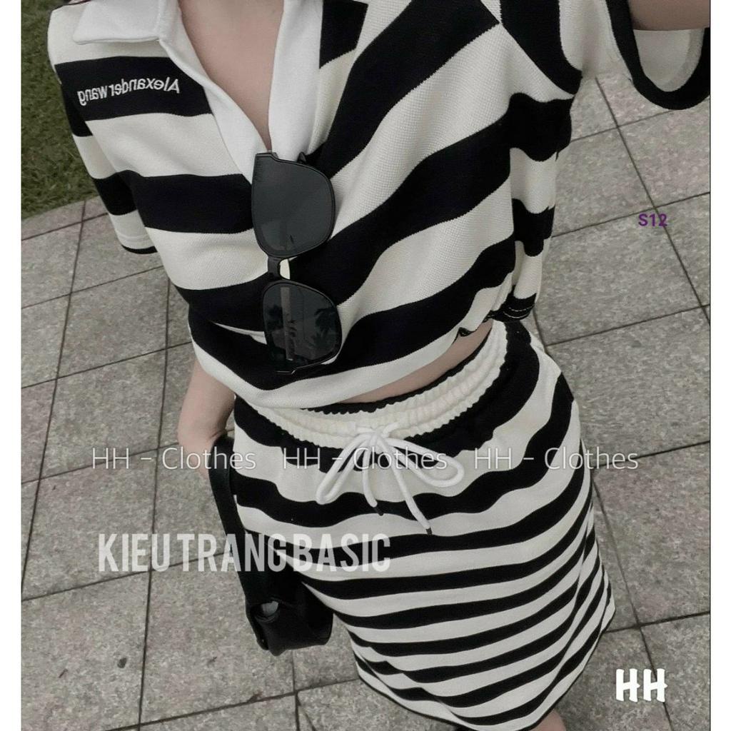 [6.6 Sales Freeship] Set váy thun kẻ sọc trắng đen basic, set áo cổ bẻ tay ngắn sọc ngang mix chân váy dài cá tính mtb