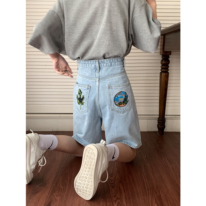 Quần Short denim Dáng Suông Thêu Họa Tiết Kiểu Hàn Quốc Thời Trang Cho Nữ