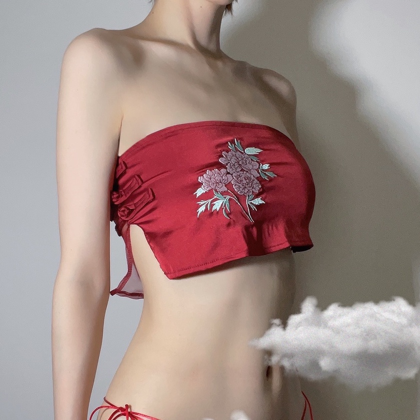 Đồ ngủ Sexy Set áo yếm và quần lọt khe FREE SHIP thêu hoa đỏ quyến rũ