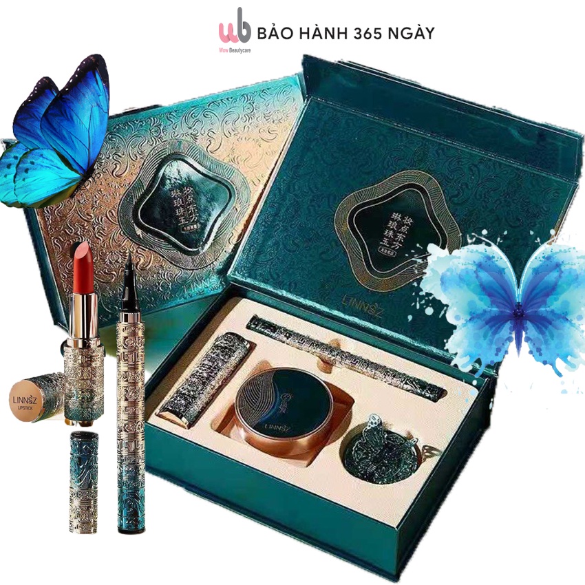 Bộ Trang Điểm Họa Tiết Hình Con Bướm Màu Xanh, Huyền Bí và Sang Trọng gồm 4 món Makeup rất Tinh Tế Chuẩn Cổ Trang.