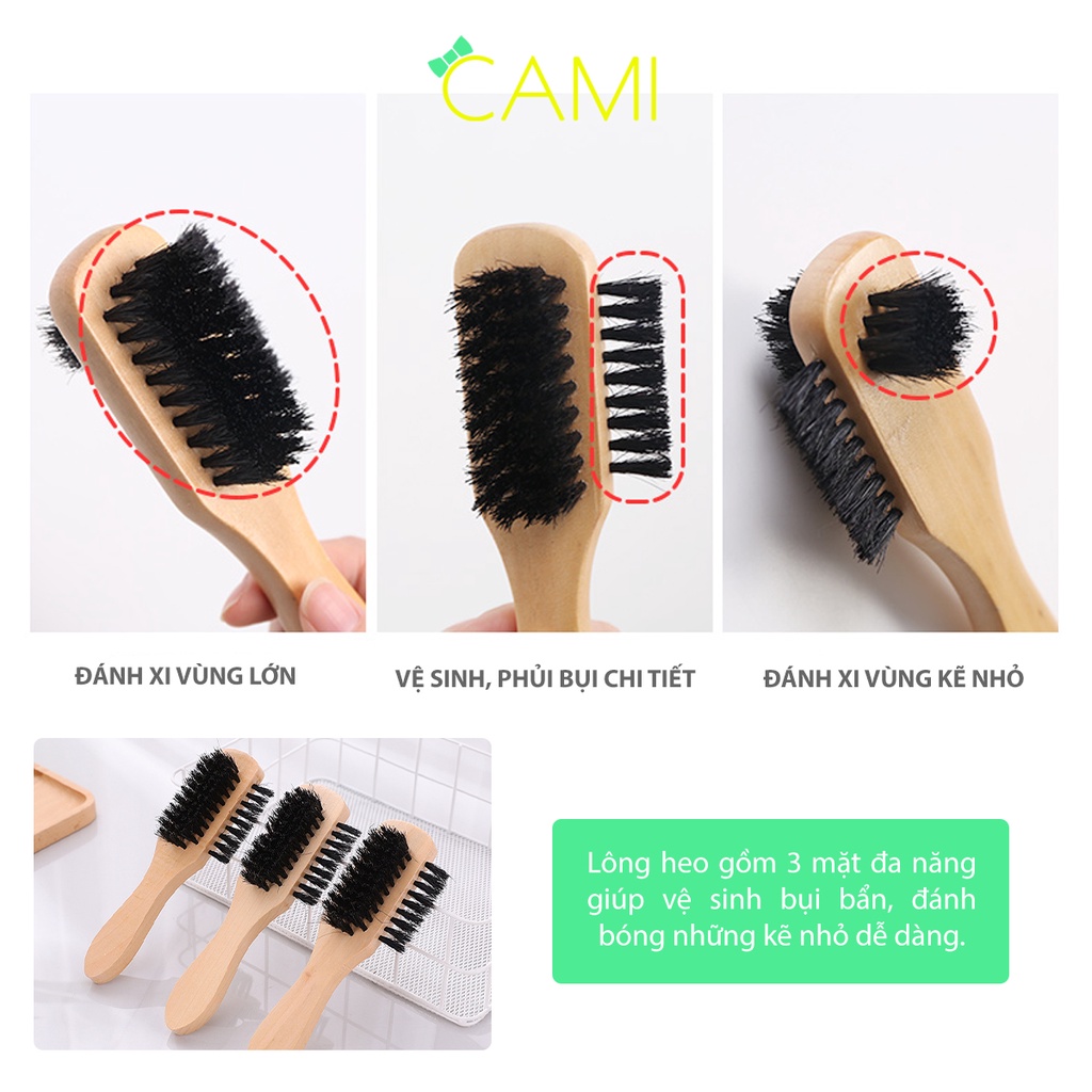 Bàn chải lông heo 3 mặt cán gỗ, vệ sinh các kẽ nhỏ giày, ghế sofa, túi da - Cami - CMPK253