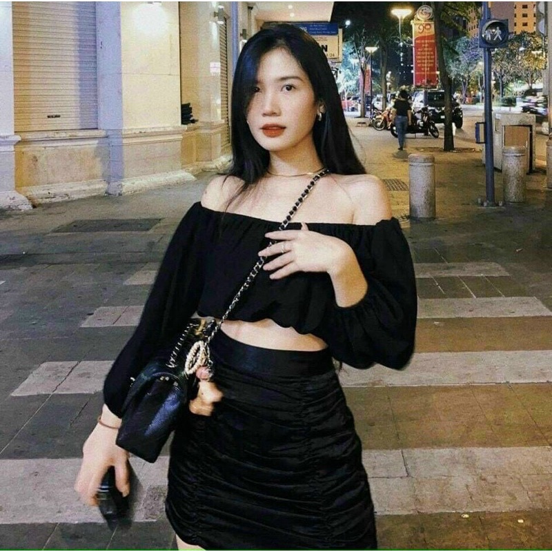 Set áo trễ vai tay bồng croptop + chân váy rút tôn dáng cực kì