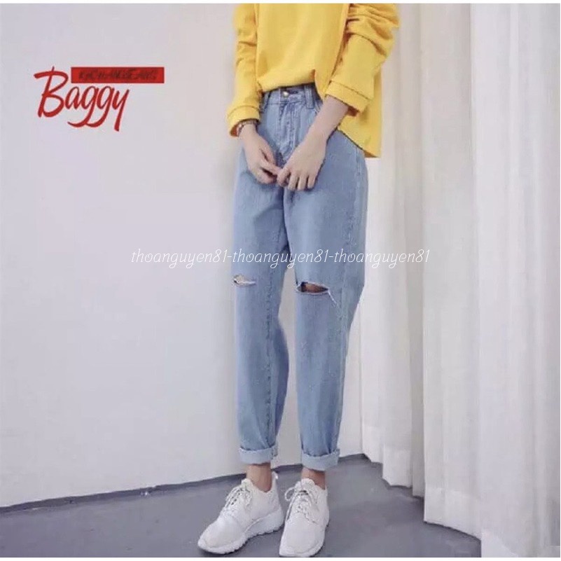Quần jeans baggy nữ lưng cao hoạ tiết trơn vải bò dày dặn