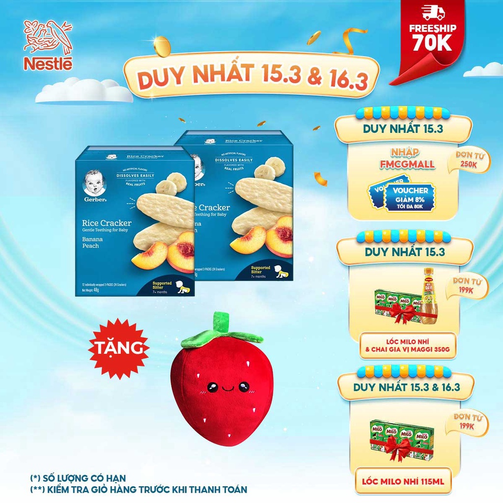 Combo 2 hộp Bánh gạo ăn dặm Gerber vị Chuối đào - Tặng gối ôm trái dâu xinh xắn
