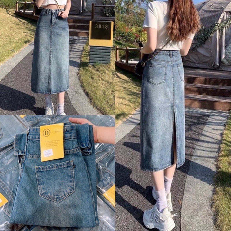 Chân váy bò denim xanh đậm xẻ sau siêu hot #919