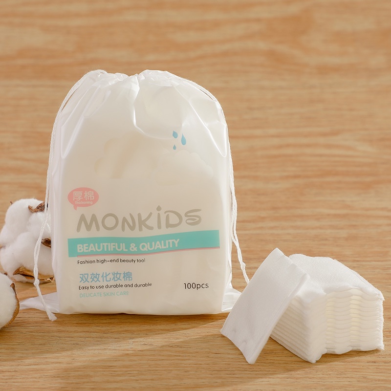Bông tẩy trang 3 lớp MONKID 100 miếng bông tẩy trang cotton tự nhiên dày mềm mại bám dính chất tẩy trang tốt