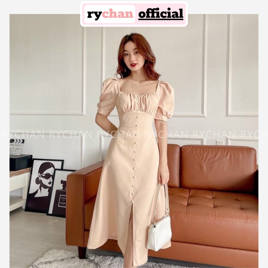 Đầm Nữ Dự Tiệc Cổ Vuông Nhún Ngực Tay Ngắn Phồng Bo Eo Nút Trước Cực Tôn Dáng, Đầm Nữ Cổ U Màu Kem - DX9774