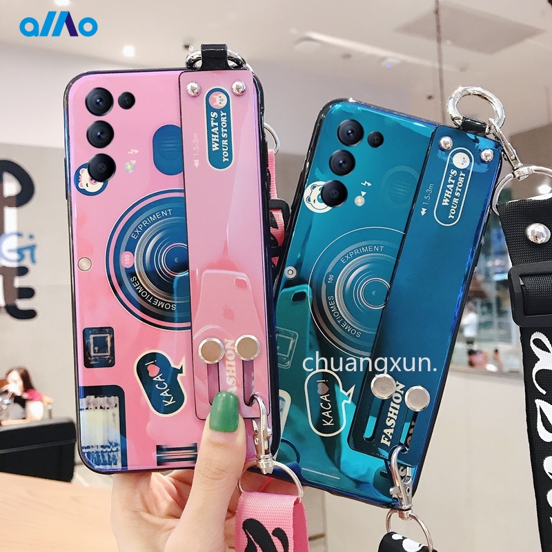 Ốp điện thoại hình máy ảnh ánh sáng xanh lam thời trang có dây đeo dành cho Oppo Reno6 Reno6 Z 5g