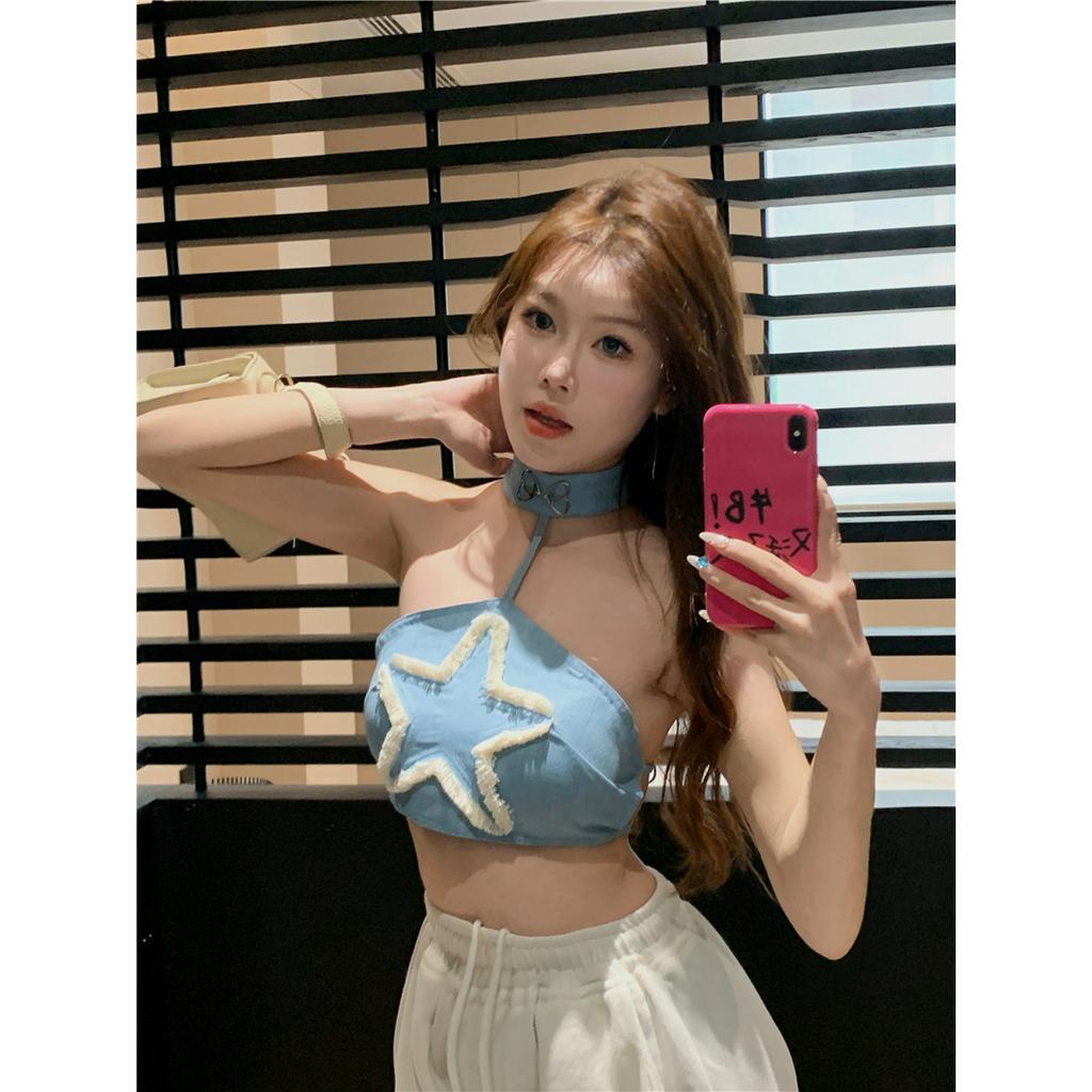 Áo croptop Denim Sát Nách Cột Dây Thời Trang Quyến Rũ Cho Nữ