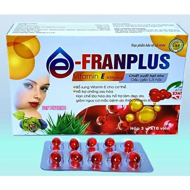 E - Franplus 4000 E đỏ bổ sung Vitamin E chiết xuất từ lô hội chống oxy hóa, chống lão hóa da (H30v)