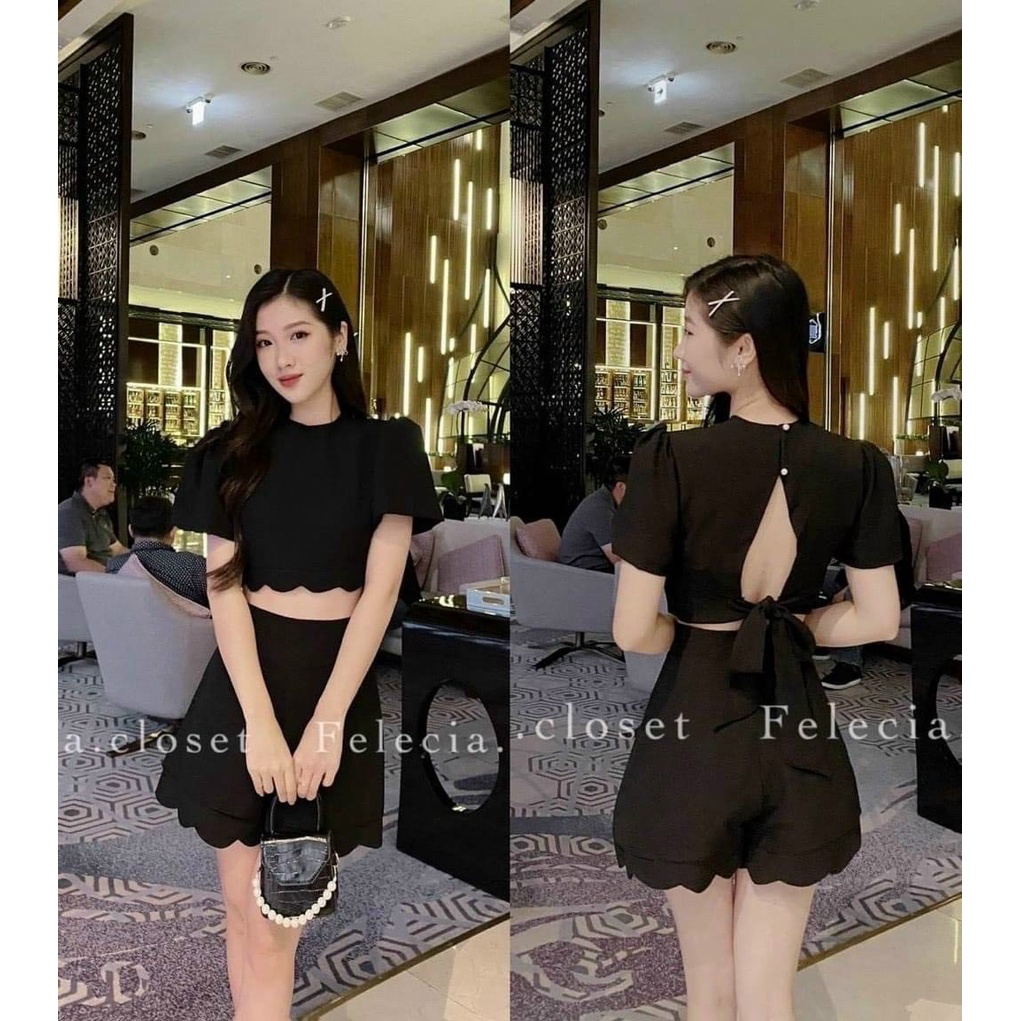 Sét bộ đùi nữ áo croptop cột nơ lưng kèm quần đùi bèo xinh xắn