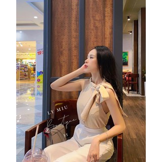 Set yếm cột nơ quần suông trắng