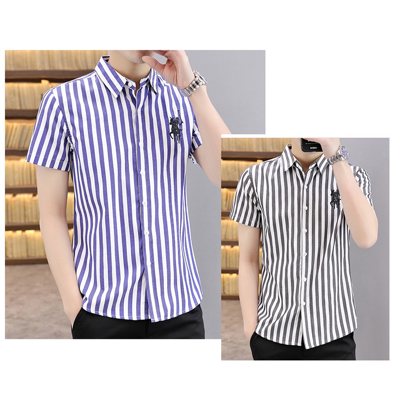 Áo Sơ Mi Cotton Tay Ngắn Dáng Ôm Thêu Họa Tiết Kẻ Sọc Thời Trang Mùa Hè Hàn Quốc Cho Nam 2022