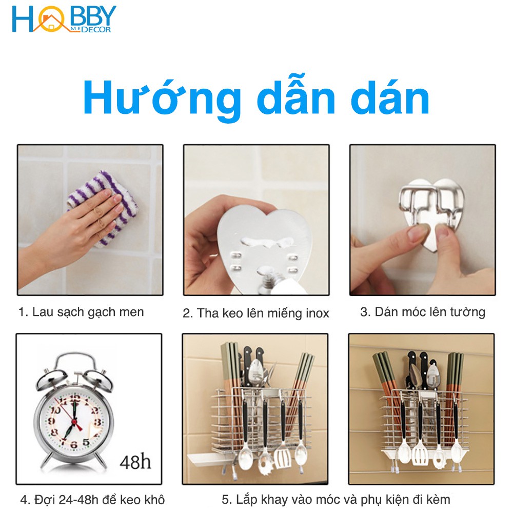 Kệ đựng đũa Inox SUS304 HOBBY M02 3 ngăn dán tường gạch men - hàng cao cấp kèm keo dán Sealant Fix