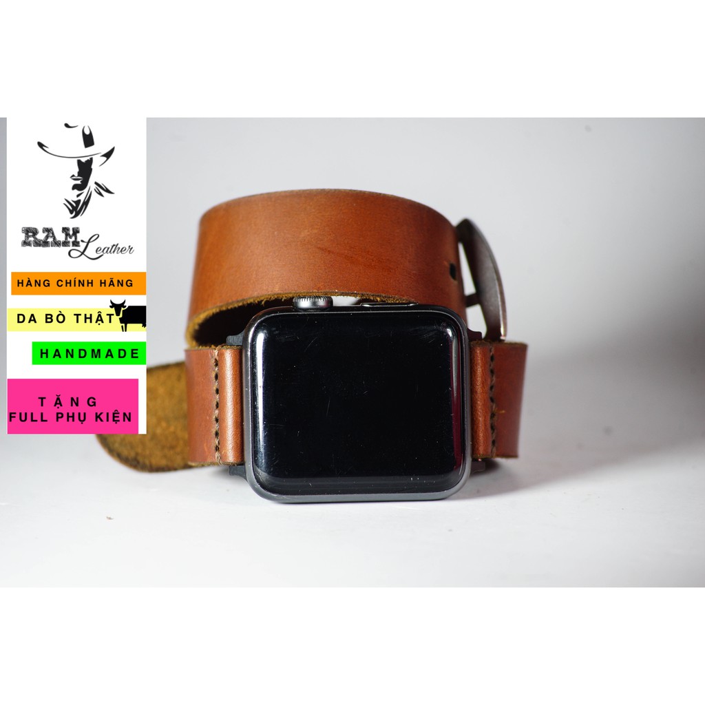 Dây đồng hồ da bò cao cấp màu nâu đỏ RAM Leather doublestrap - tặng khóa chốt và cây thay dây