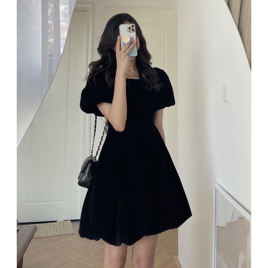 (ảnh thật) Audrey Váy nhung tay bồng 5564