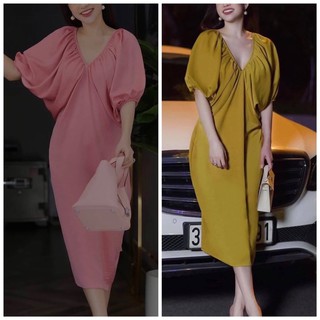 Đầm Lụa Dáng Suông Cổ V Tay Phồng