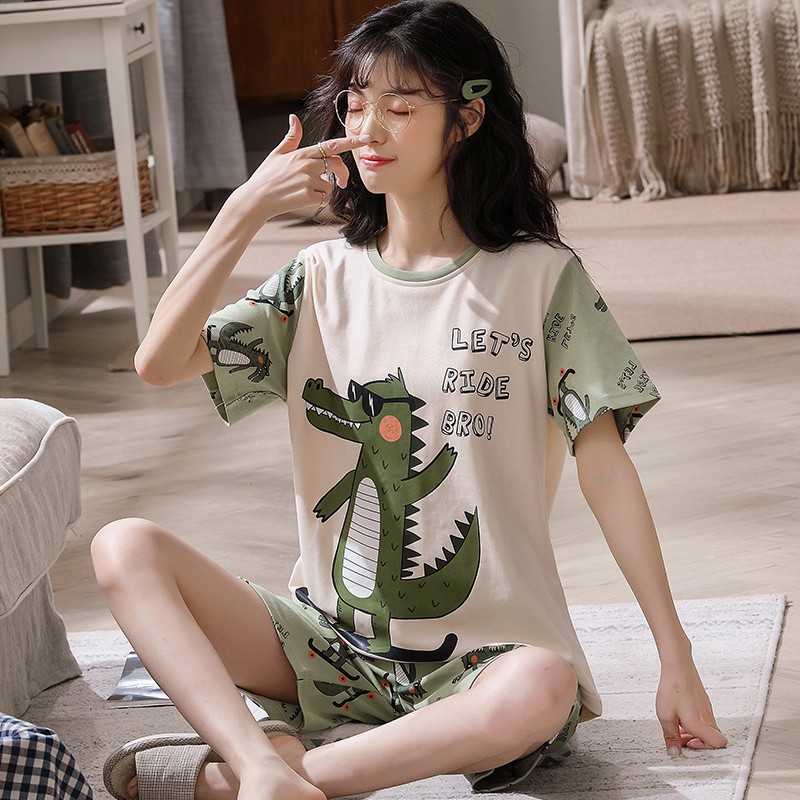 Set Đồ Bộ Cotton Ngắn Tay Họa Tiết Cá Sấu Thời Trang Dành Cho Nữ